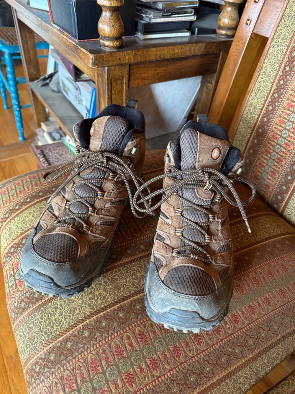 Merrell Brown Hiking Boots with Black Soles and Orange Logo